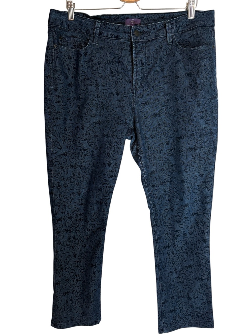 NYDJ Slim Straight Blue Denim Black Flocked Damask Print Jeans Sz 14